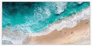 Aerial turquoise beach canvas art with ocean foam for modern coastal decor.