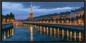 Elegant Eiffel Tower canvas art with Paris river lights and reflections for romantic bedroom or living room decor.