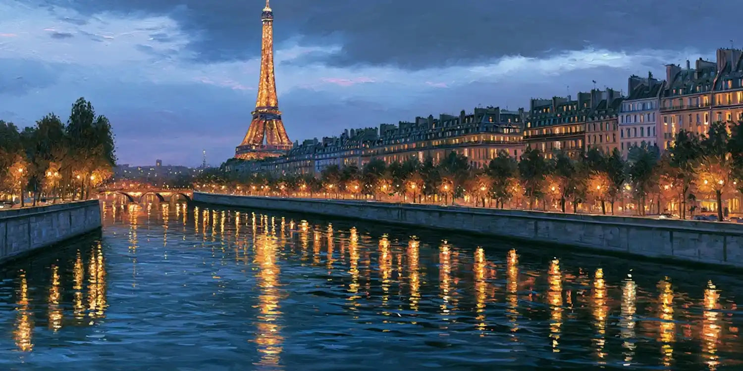 Elegant Eiffel Tower canvas art with Paris river lights and reflections for romantic bedroom or living room decor.