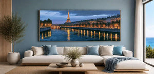 Elegant Eiffel Tower canvas art with Paris river lights and reflections for romantic bedroom or living room decor.