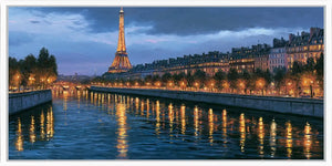 Elegant Eiffel Tower canvas art with Paris river lights and reflections for romantic bedroom or living room decor.