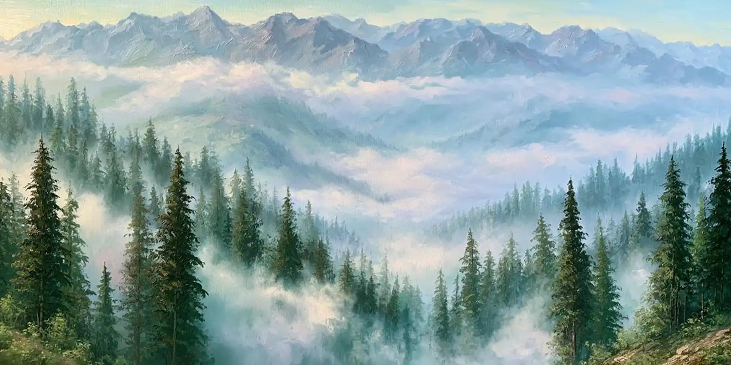 Misty mountain forest artwork with pine trees and soft clouds for tranquil bedroom, office, or living room decor.