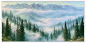 Misty mountain forest artwork with pine trees and soft clouds for tranquil bedroom, office, or living room decor.