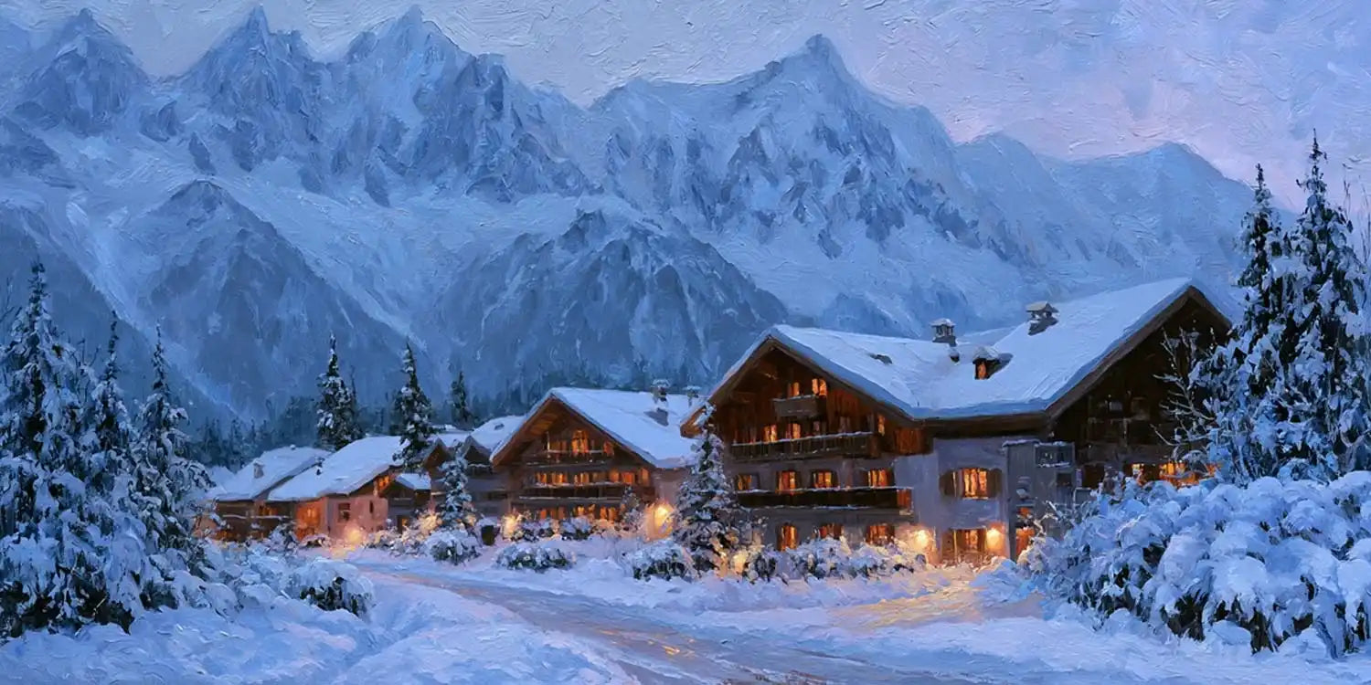 Snowy chalet canvas wall art with alpine mountains and warm lights for cozy cabin, bedroom, or living room decor.