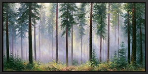 Misty pine forest canvas with tall trees and soft light for serene bedroom, office, or living room wall decor.