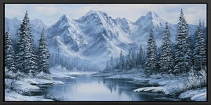 Snow mountain lake wall art with frosted pine trees and icy reflections for peaceful bedroom or living room decor.
