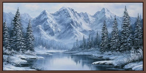Snow mountain lake wall art with frosted pine trees and icy reflections for peaceful bedroom or living room decor.