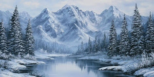 Snow mountain lake wall art with frosted pine trees and icy reflections for peaceful bedroom or living room decor.
