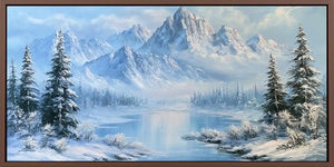Winter alpine lake canvas print with snowy mountains and fir trees for elegant bedroom or living room decor.
