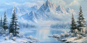 Winter alpine lake canvas print with snowy mountains and fir trees for elegant bedroom or living room decor.