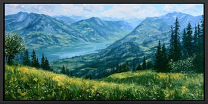 Panoramic alpine mountain lake canvas art with wildflower meadow for living room decor.