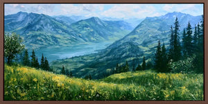 Panoramic alpine mountain lake canvas art with wildflower meadow for living room decor.