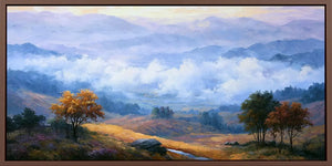 Panoramic misty autumn valley landscape canvas art for warm living room decor.