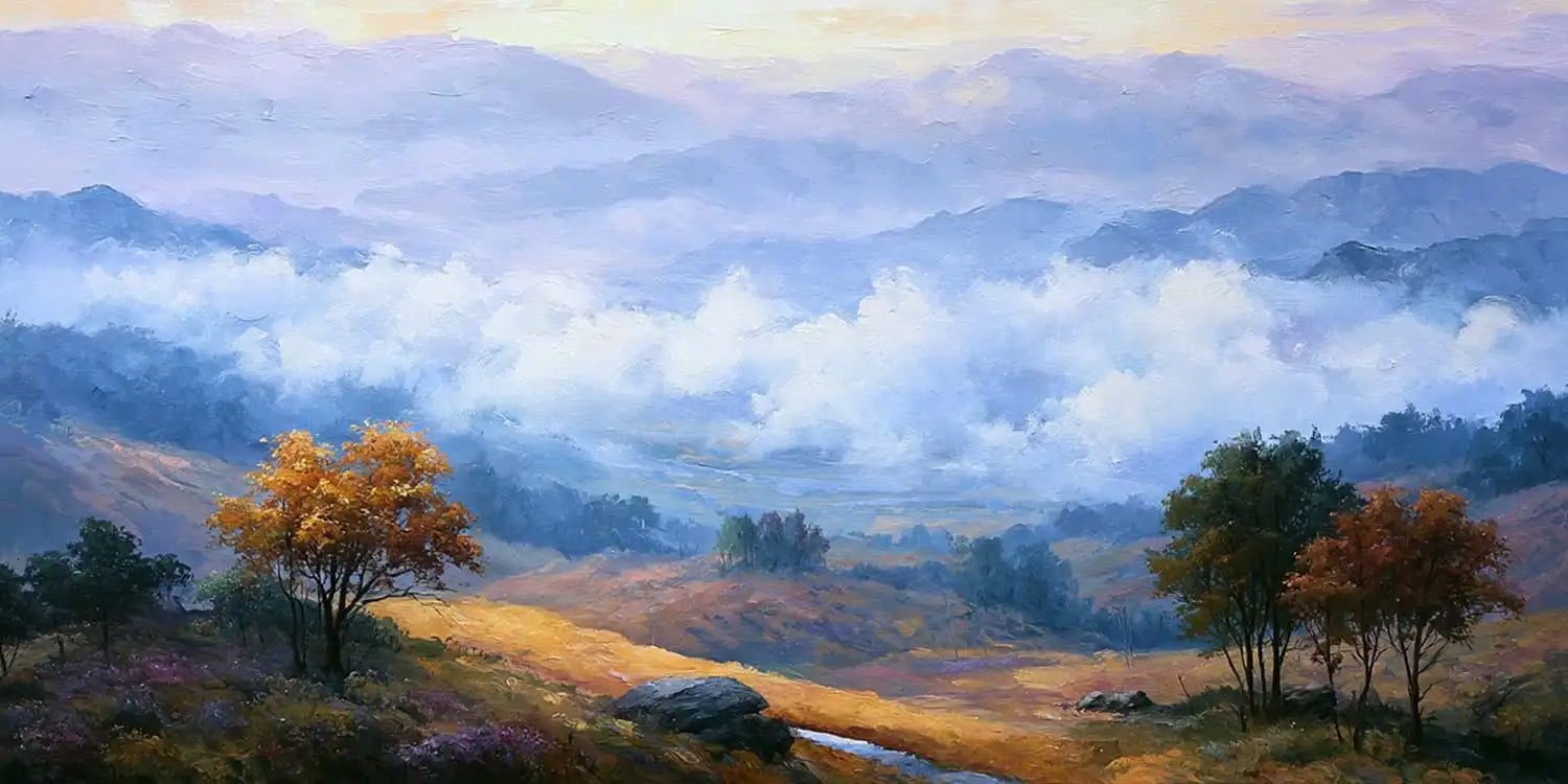 Panoramic misty autumn valley landscape canvas art for warm living room decor.