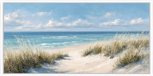Soft coastal dune canvas art with seagrass for serene bedroom wall decor.