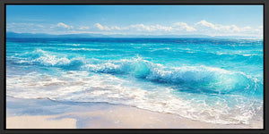 Panoramic turquoise ocean wave canvas art for coastal living room decor.