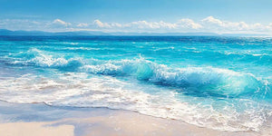 Panoramic turquoise ocean wave canvas art for coastal living room decor.
