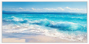 Panoramic turquoise ocean wave canvas art for coastal living room decor.