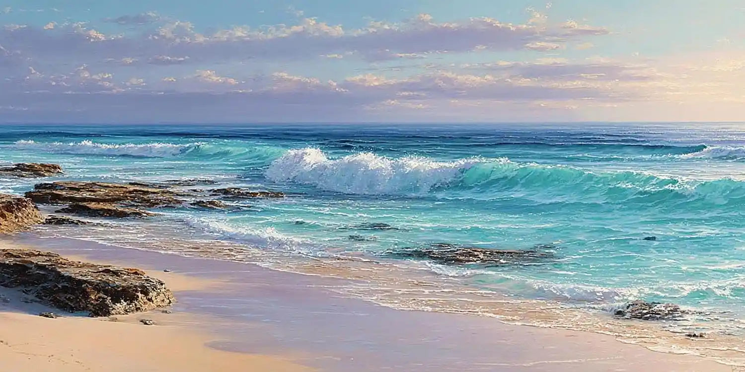 Rocky coastal beach canvas art with blue waves for modern living room decor.