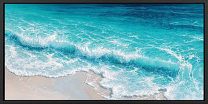 Close-up turquoise wave canvas art for coastal modern living room decor.