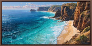 Dramatic cliff cove coastal canvas art for luxury living room decor.