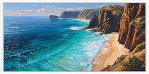 Dramatic cliff cove coastal canvas art for luxury living room decor.