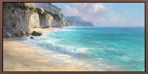 Pale cliff coast canvas art for calm coastal bedroom decor.