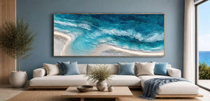 Aerial ocean shoreline canvas art for modern coastal living room decor.
