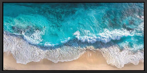 Aerial turquoise beach canvas print for coastal living room decor.
