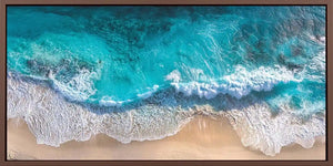 Aerial turquoise beach canvas print for coastal living room decor.