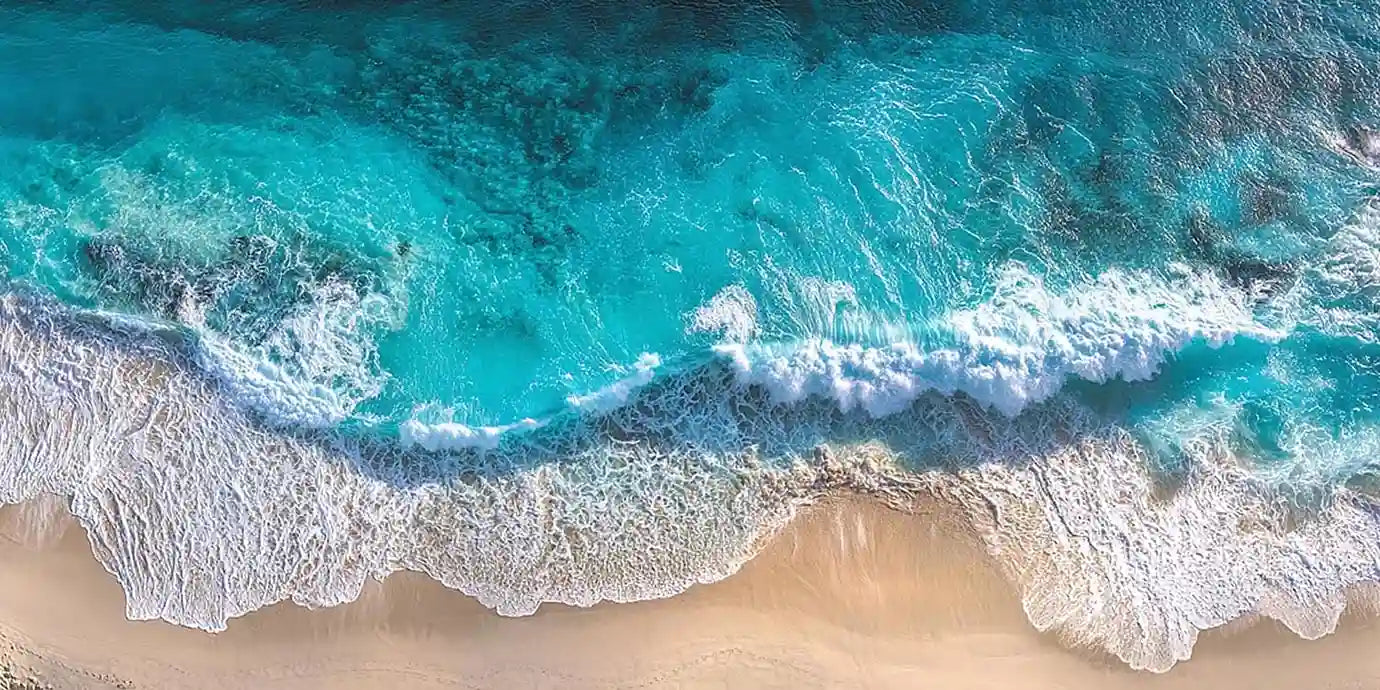 Aerial turquoise beach canvas print for coastal living room decor.