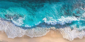 Aerial turquoise beach canvas print for coastal living room decor.