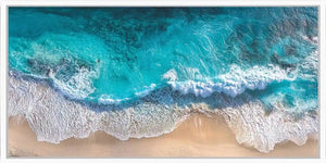 Aerial turquoise beach canvas print for coastal living room decor.