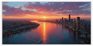 Dramatic sunset city skyline canvas art for luxury office decor.