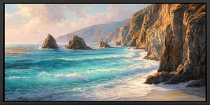Rugged cliff coast canvas art for luxury coastal living room decor.