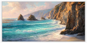 Rugged cliff coast canvas art for luxury coastal living room decor.