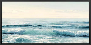 Minimal ocean wave canvas art for calm coastal bedroom decor.