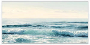 Minimal ocean wave canvas art for calm coastal bedroom decor.