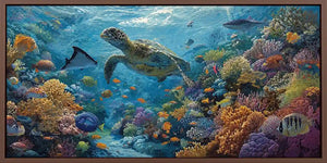 Underwater sea turtle reef canvas art for colorful coastal room decor.