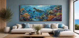 Underwater sea turtle reef canvas art for colorful coastal room decor.