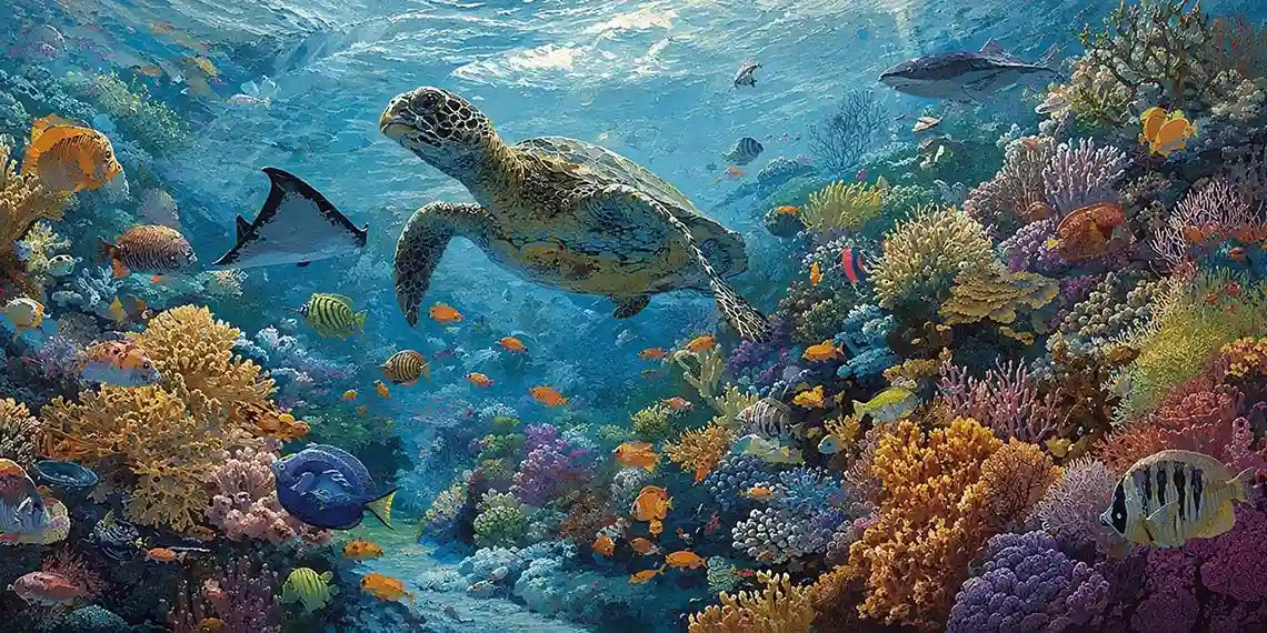 Underwater sea turtle reef canvas art for colorful coastal room decor.