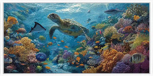 Underwater sea turtle reef canvas art for colorful coastal room decor.