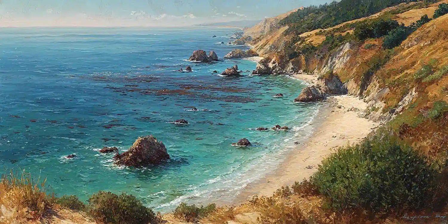 Pacific coastal landscape canvas art for warm luxury living room decor.