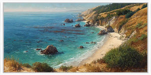 Pacific coastal landscape canvas art for warm luxury living room decor.