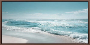 Soft ocean wave photography canvas art for calm coastal living room decor.