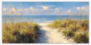 Painted coastal dune pathway canvas art for airy beach house decor.