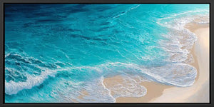 Turquoise aerial ocean canvas art for fresh coastal living room decor.