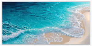 Turquoise aerial ocean canvas art for fresh coastal living room decor.
