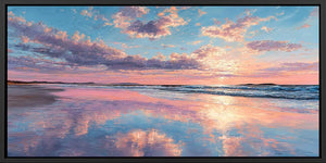 Pink sunset beach canvas art for dreamy coastal bedroom decor.