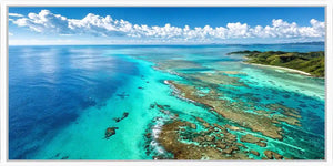 Aerial coral reef canvas art for tropical coastal office decor.